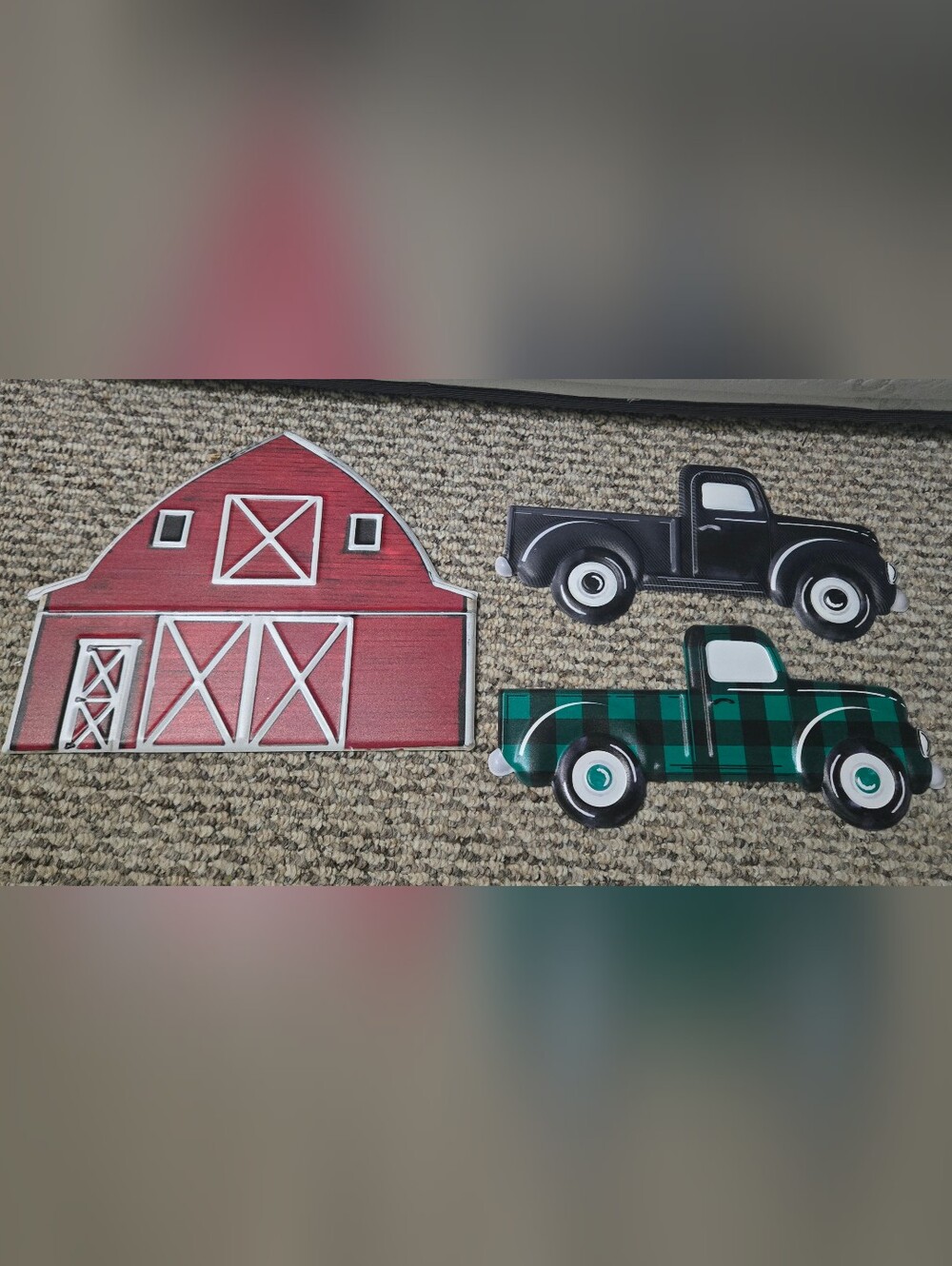 Rustic Red Barn And 2 Trucks Metal Tin Wall Decor